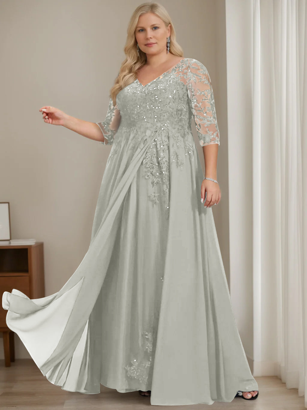 A-Line/Princess V-Neck Half Sleeves Floor-Length Plus Size Mother of the Bride Dresses with Sequins - 이미지 13