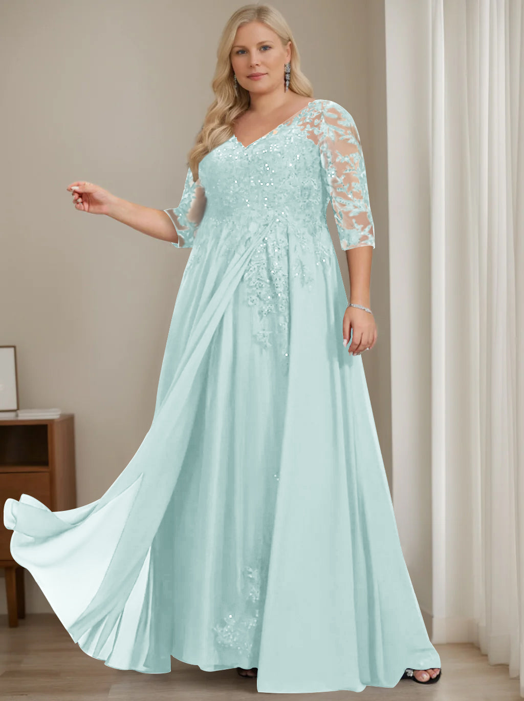 A-Line/Princess V-Neck Half Sleeves Floor-Length Plus Size Mother of the Bride Dresses with Sequins - 이미지 29