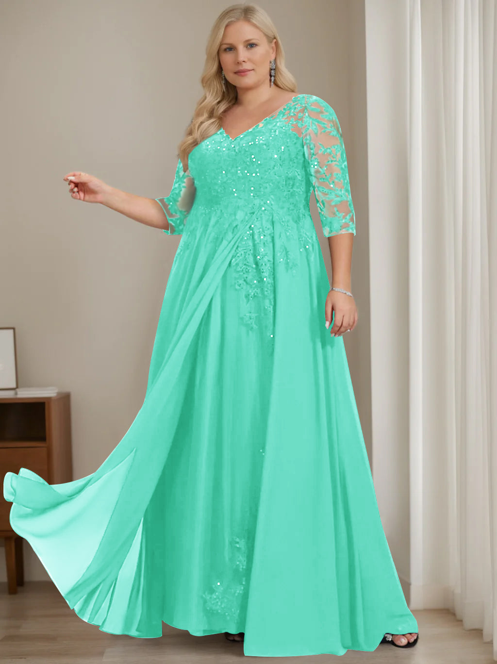 A-Line/Princess V-Neck Half Sleeves Floor-Length Plus Size Mother of the Bride Dresses with Sequins - 이미지 48