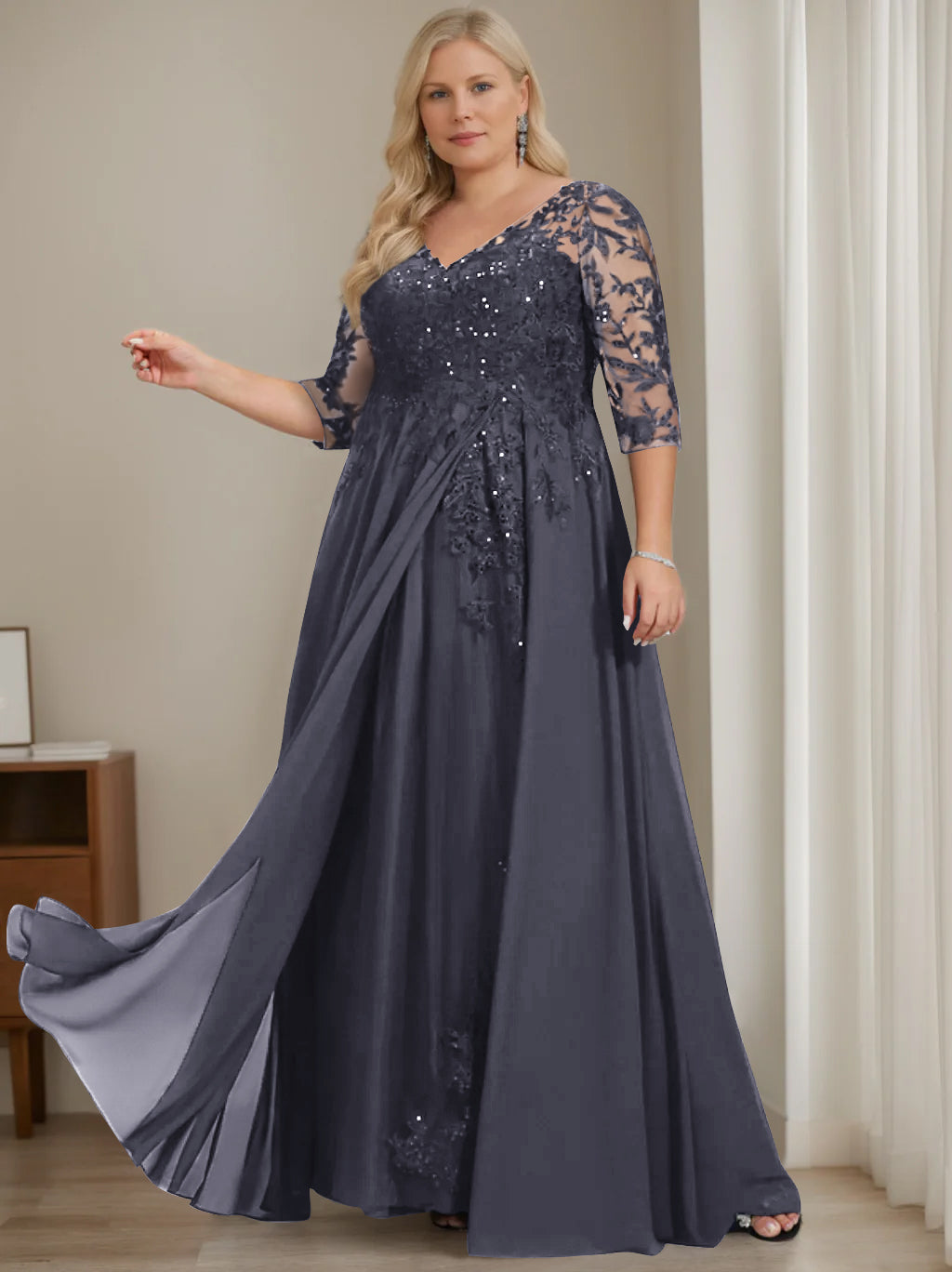 A-Line/Princess V-Neck Half Sleeves Floor-Length Plus Size Mother of the Bride Dresses with Sequins - 이미지 30