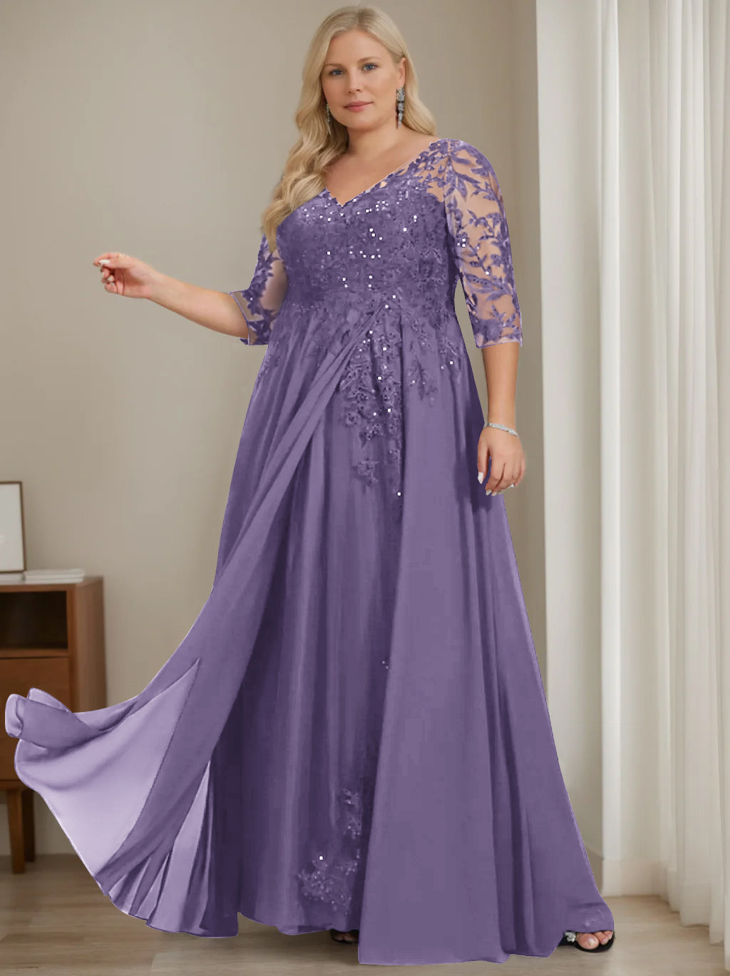 A-Line/Princess V-Neck Half Sleeves Floor-Length Plus Size Mother of the Bride Dresses with Sequins - 이미지 49