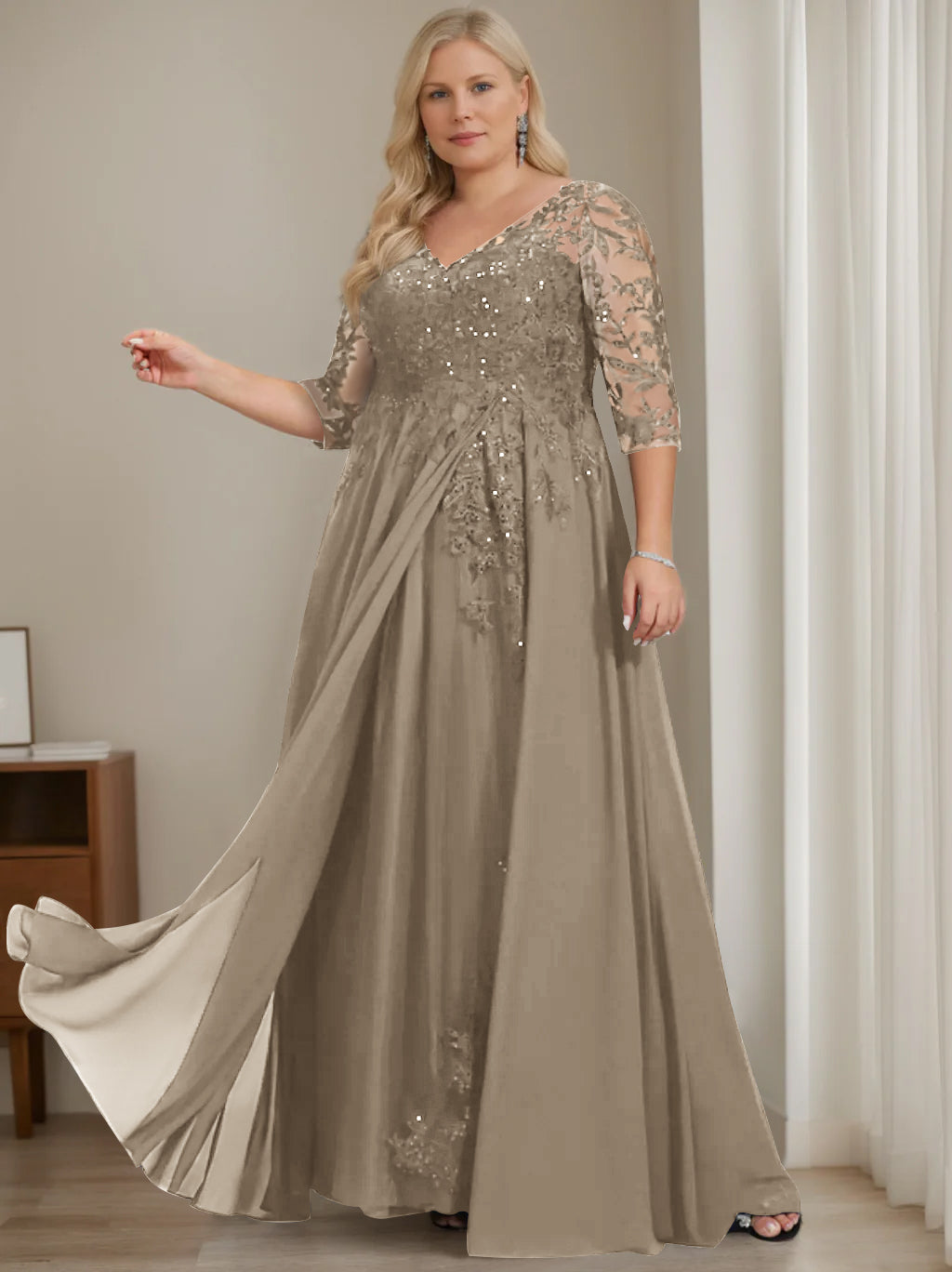 A-Line/Princess V-Neck Half Sleeves Floor-Length Plus Size Mother of the Bride Dresses with Sequins - 이미지 50