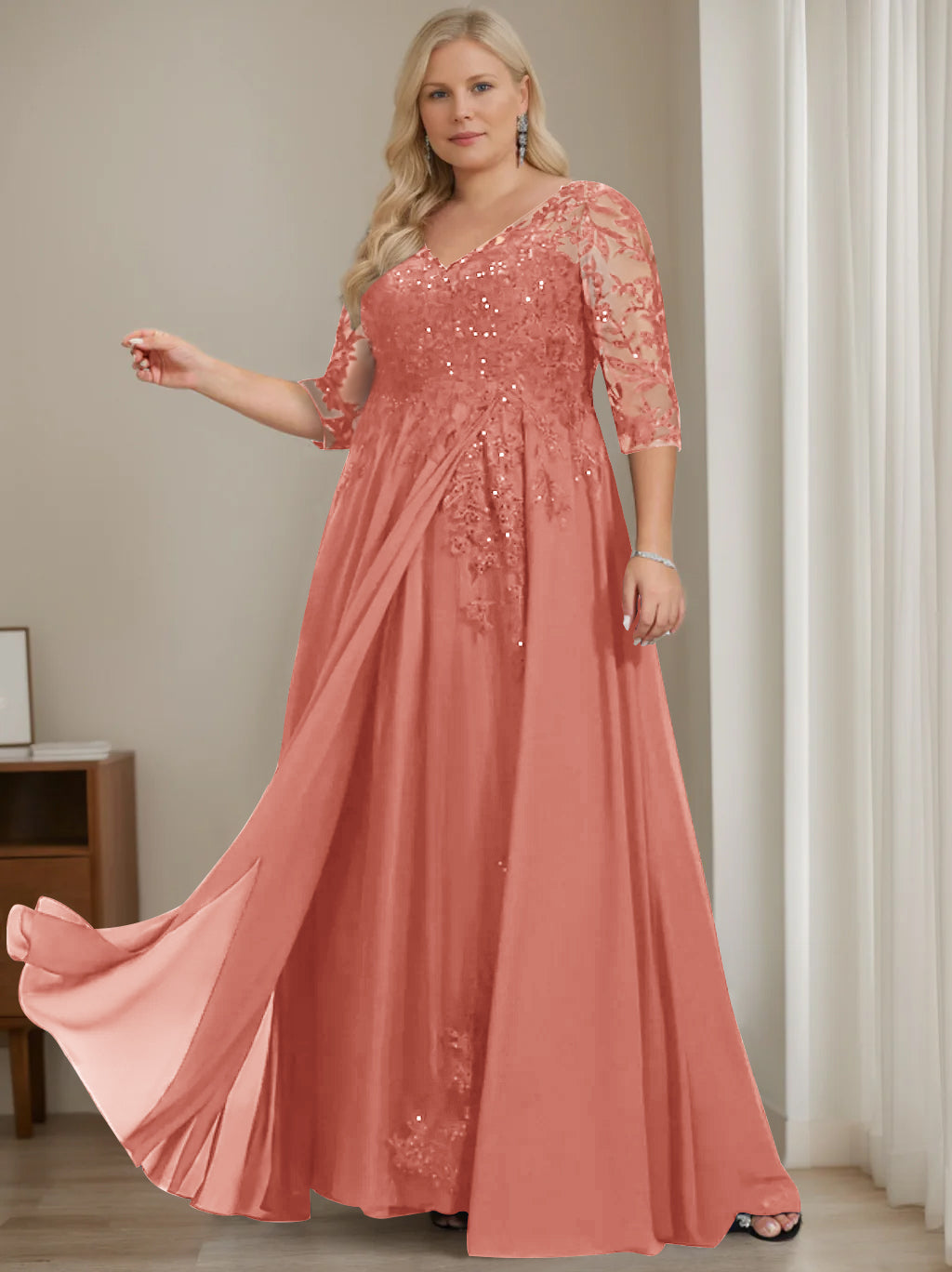 A-Line/Princess V-Neck Half Sleeves Floor-Length Plus Size Mother of the Bride Dresses with Sequins - 이미지 51