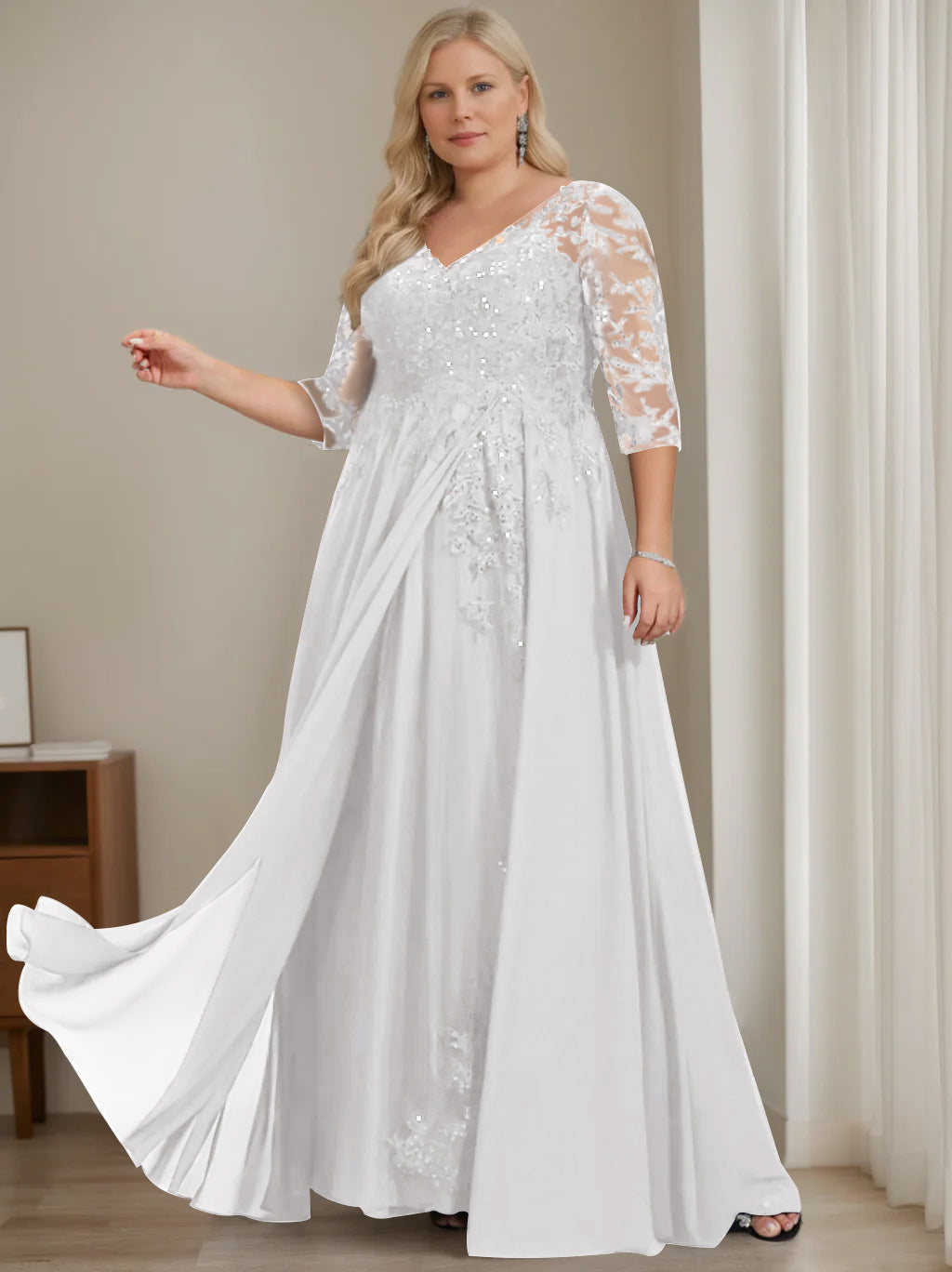A-Line/Princess V-Neck Half Sleeves Floor-Length Plus Size Mother of the Bride Dresses with Sequins - 이미지 7
