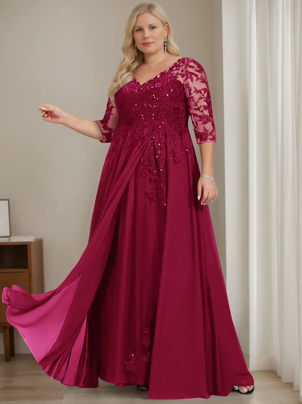 A-Line/Princess V-Neck Half Sleeves Floor-Length Plus Size Mother of the Bride Dresses with Sequins - 이미지 52
