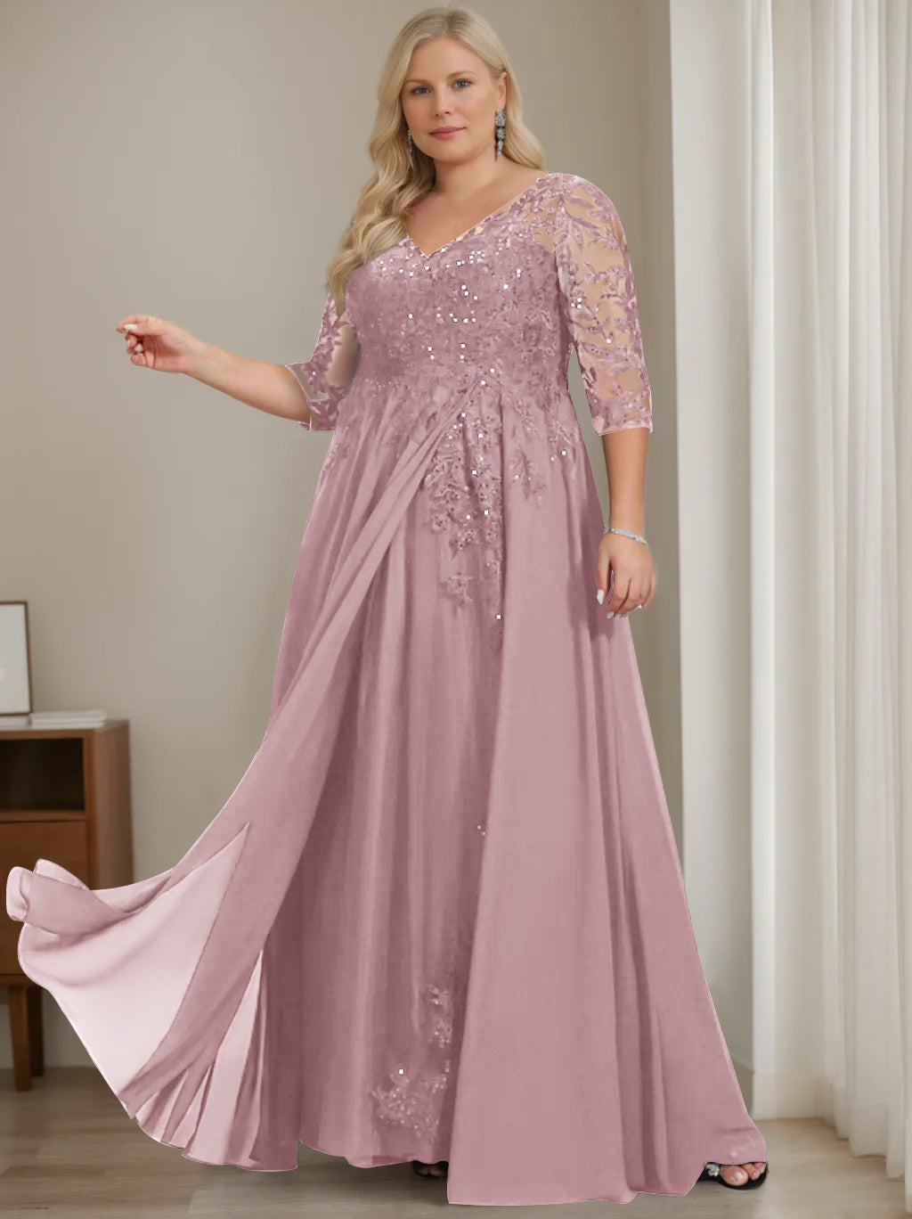 A-Line/Princess V-Neck Half Sleeves Floor-Length Plus Size Mother of the Bride Dresses with Sequins - 이미지 53
