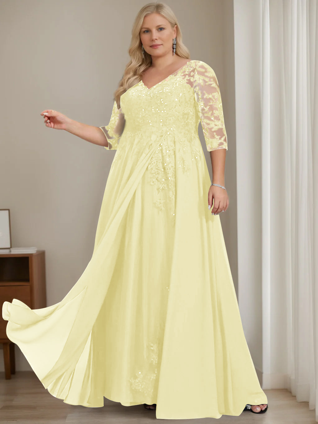 A-Line/Princess V-Neck Half Sleeves Floor-Length Plus Size Mother of the Bride Dresses with Sequins - 이미지 18