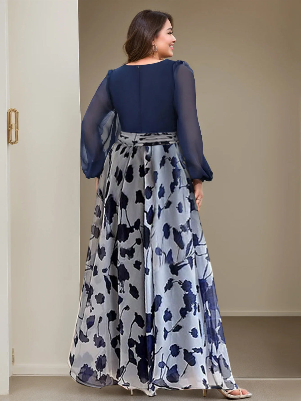 A Line/Princess V-Neck Long Sleeves Floor Length Floral Plus Size Mother of the Bride Dresses With Flower - 画像 (2)