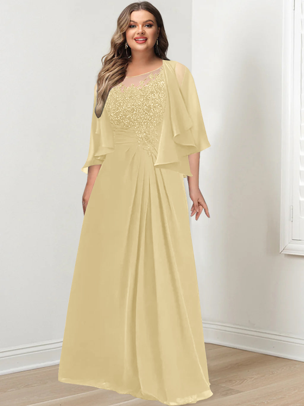 A-Line/Princess Scoop Floor-Length Plus Size Mother of the Bride Dresses with Pleated & Sequins - 画像 (31)