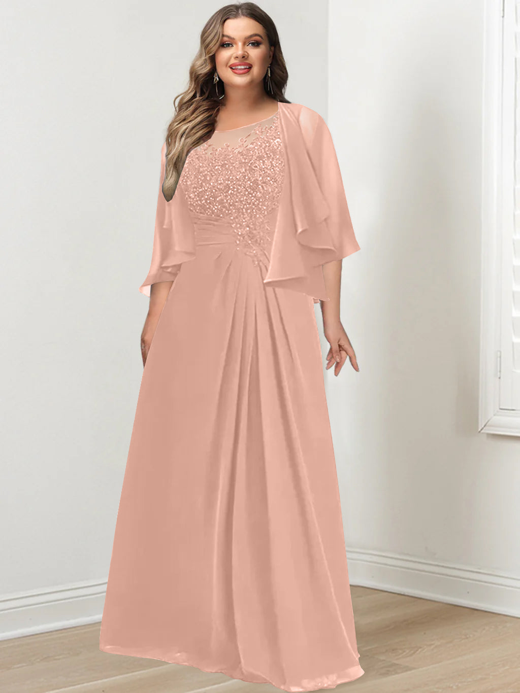 A-Line/Princess Scoop Floor-Length Plus Size Mother of the Bride Dresses with Pleated & Sequins - 画像 (7)