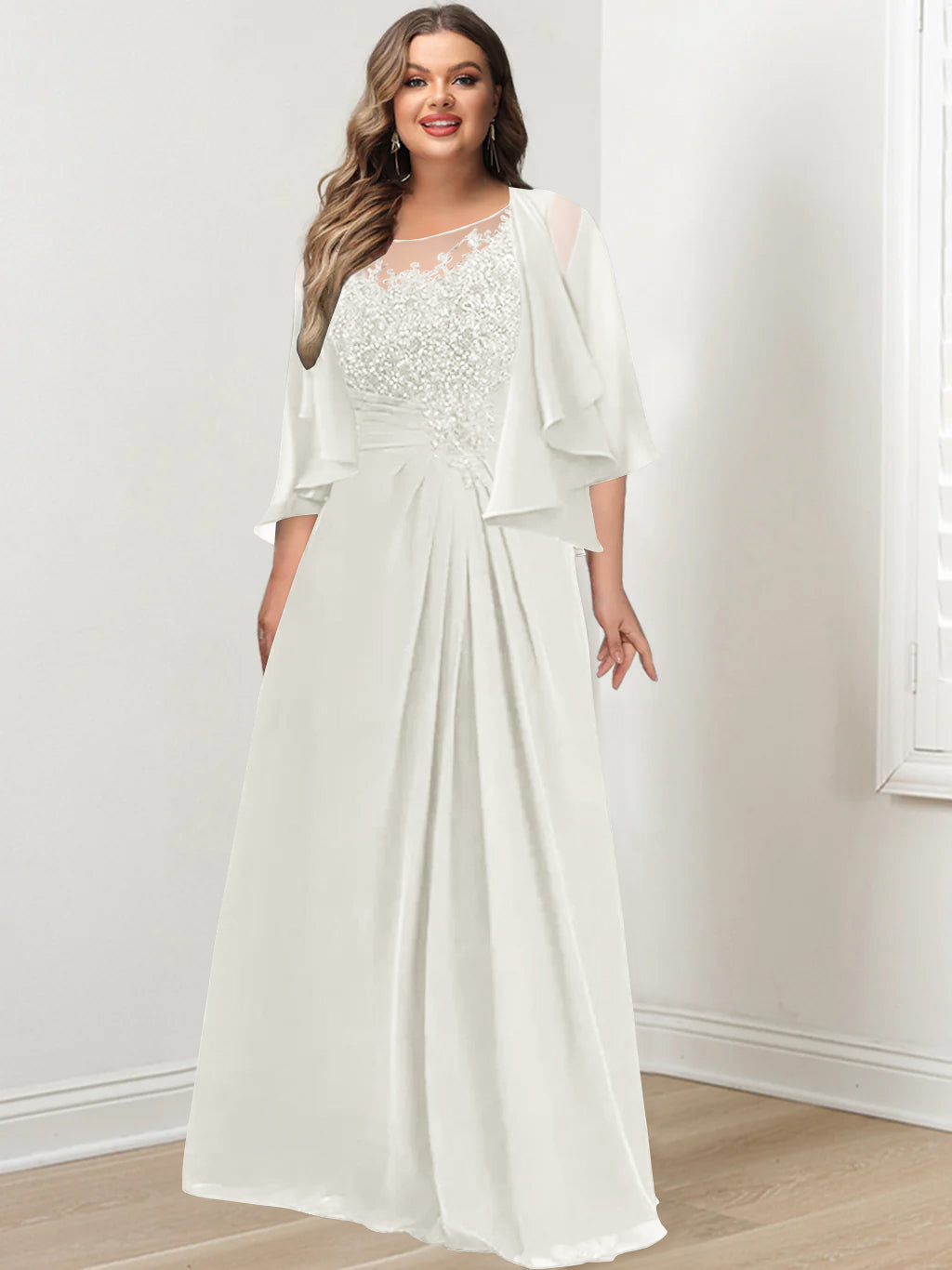 A-Line/Princess Scoop Floor-Length Plus Size Mother of the Bride Dresses with Pleated & Sequins - 画像 (9)