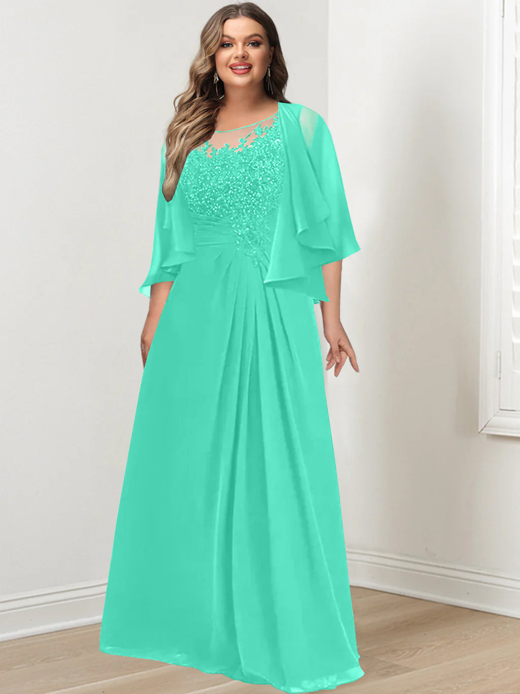 A-Line/Princess Scoop Floor-Length Plus Size Mother of the Bride Dresses with Pleated & Sequins - 画像 (18)