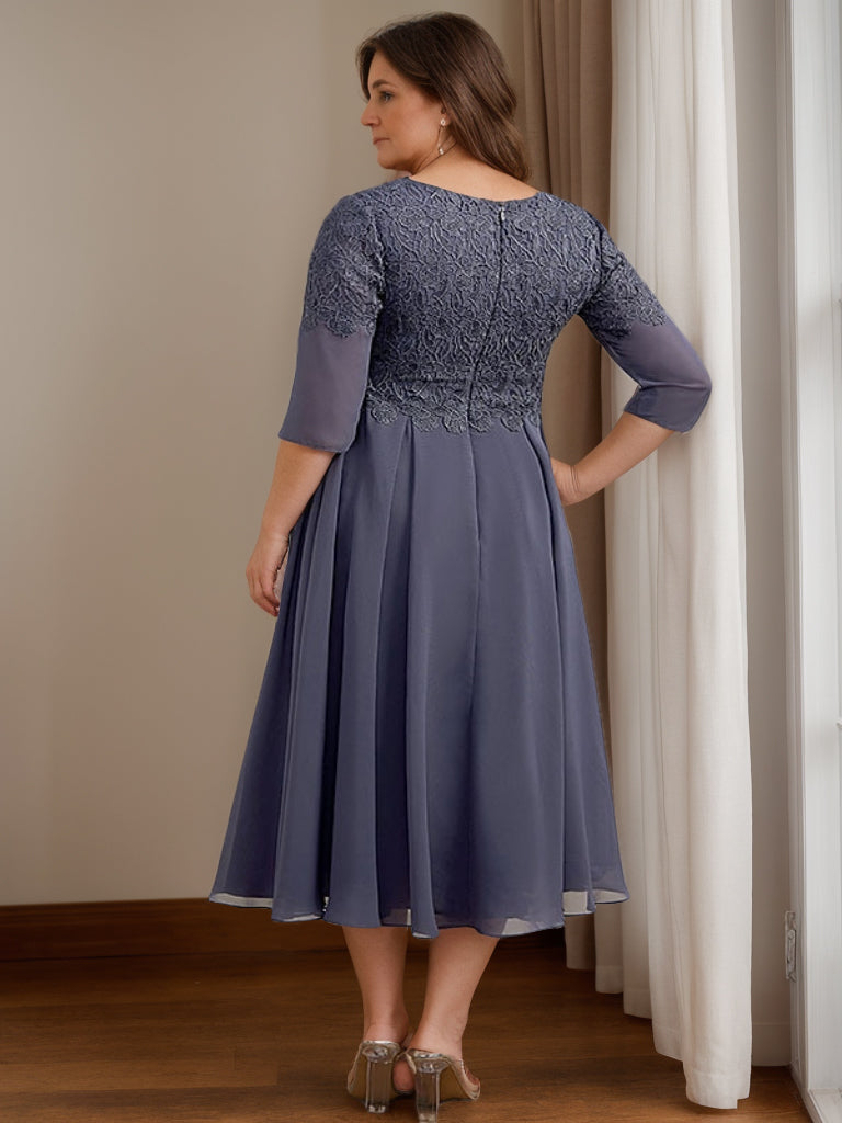 A Line/Princess V-Neck 3/4 Sleeves Tea-Length Plus Size Mother of the Bride Dresses - Image 2