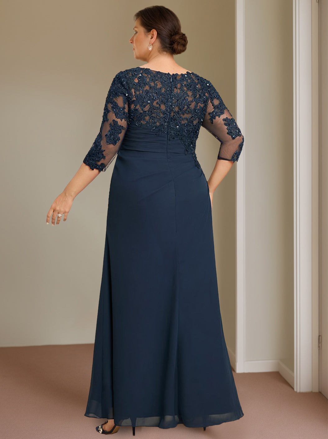 Sheath/Column Scoop Neck Half Sleeves Floor-Length Plus Size Mother of the Bride Dresses with Ruffles - 画像 (2)