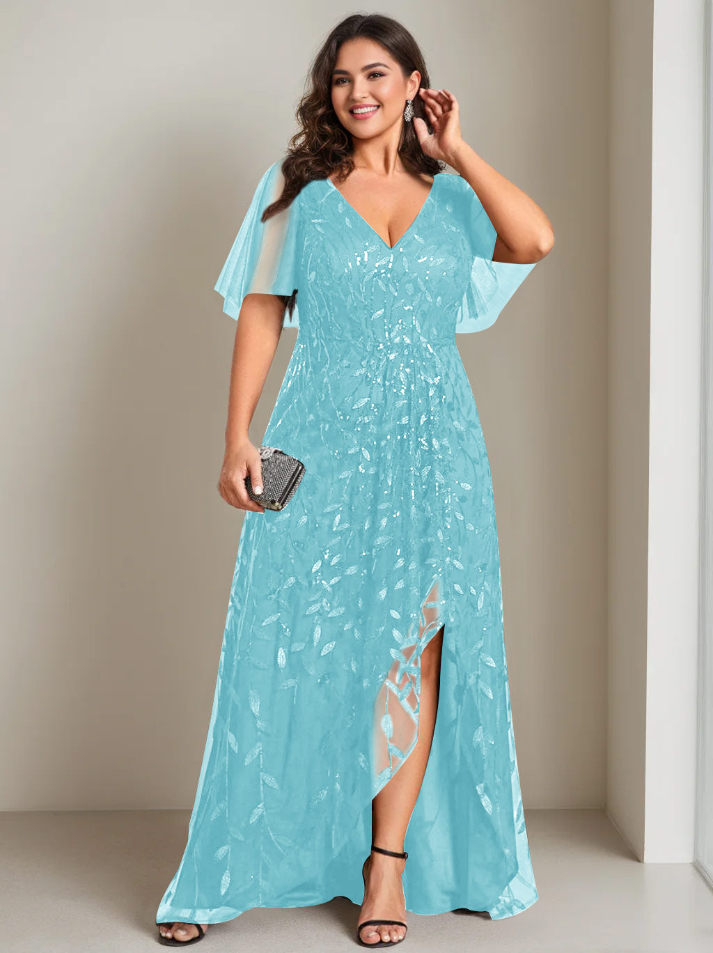 A-Line/Princess V-Neck Short Sleeves Asymmetrical Plus Size Mother Of The Bride Dresses with Sequins - 画像 (5)