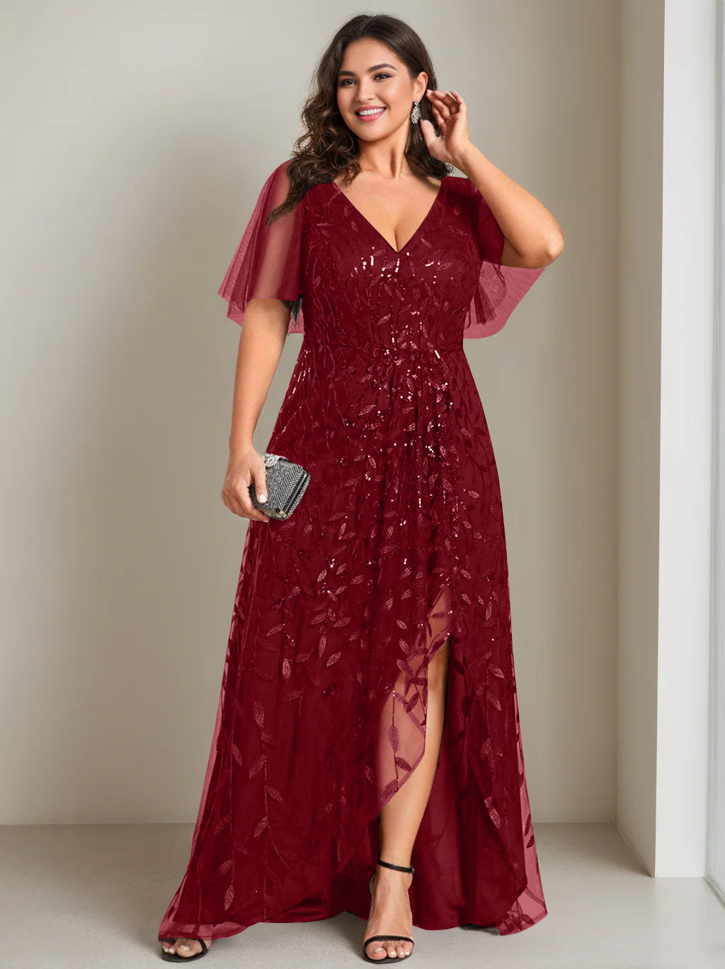 A-Line/Princess V-Neck Short Sleeves Asymmetrical Plus Size Mother Of The Bride Dresses with Sequins - 画像 (6)