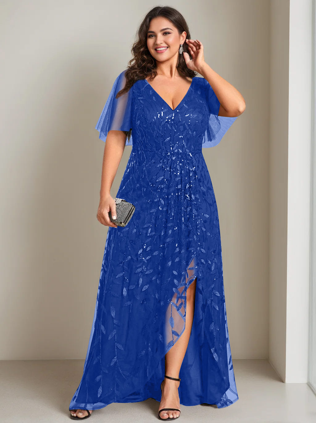 A-Line/Princess V-Neck Short Sleeves Asymmetrical Plus Size Mother Of The Bride Dresses with Sequins - 画像 (16)