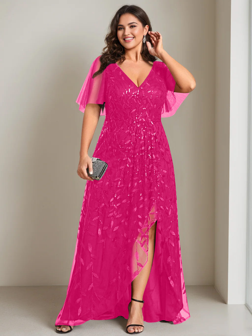 A-Line/Princess V-Neck Short Sleeves Asymmetrical Plus Size Mother Of The Bride Dresses with Sequins - 画像 (21)