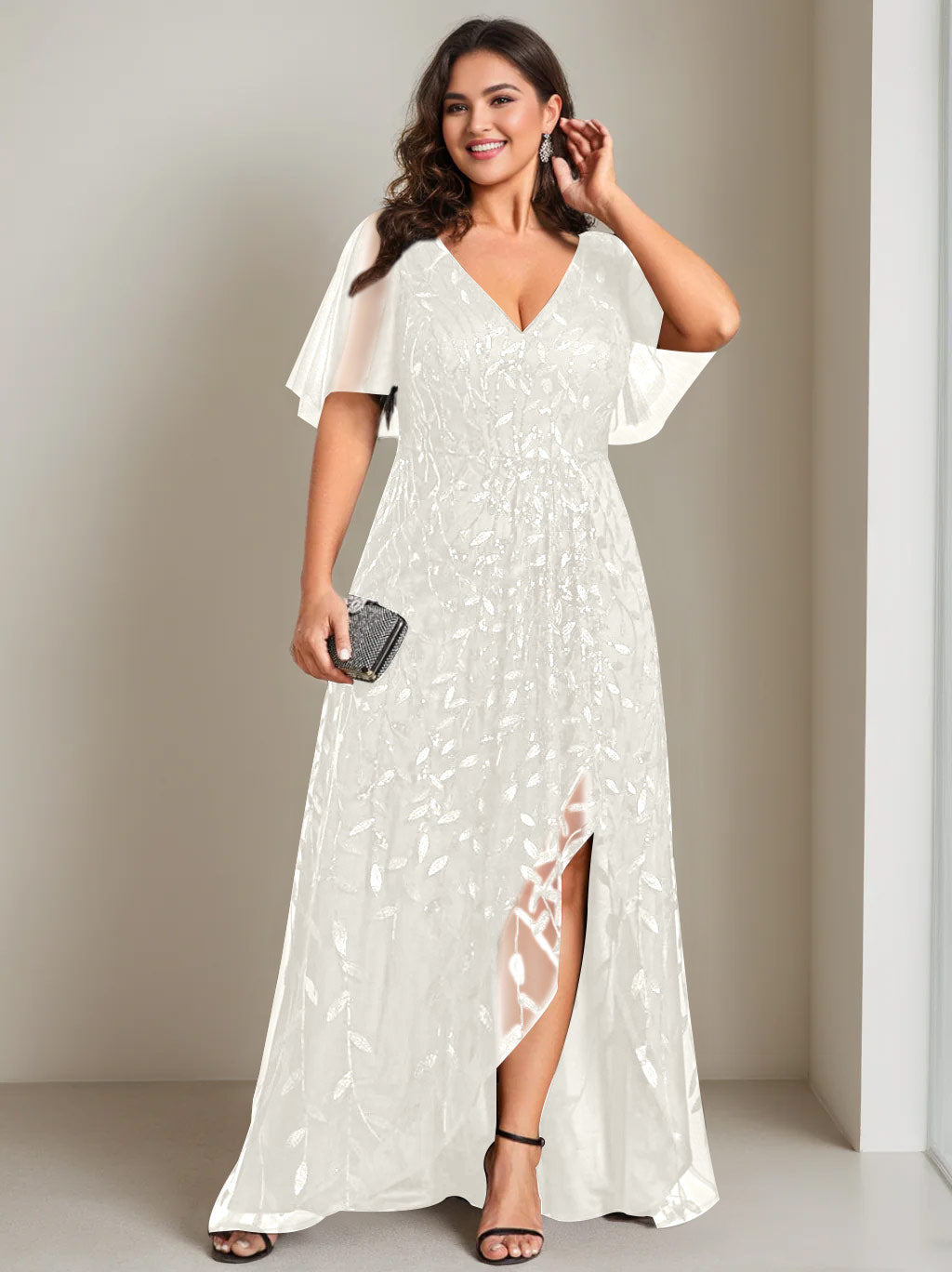 A-Line/Princess V-Neck Short Sleeves Asymmetrical Plus Size Mother Of The Bride Dresses with Sequins - 画像 (26)