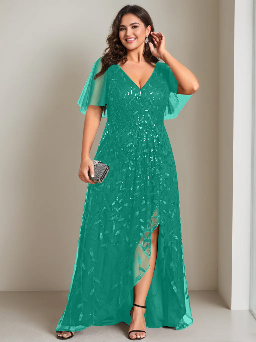 A-Line/Princess V-Neck Short Sleeves Asymmetrical Plus Size Mother Of The Bride Dresses with Sequins - 画像 (27)