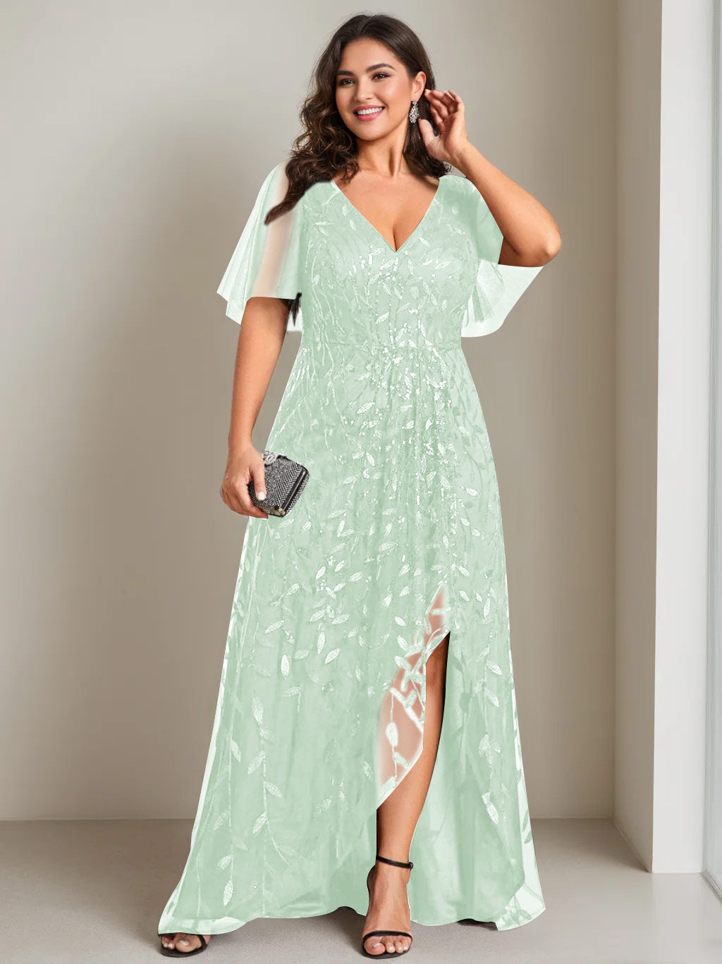A-Line/Princess V-Neck Short Sleeves Asymmetrical Plus Size Mother Of The Bride Dresses with Sequins - 画像 (31)
