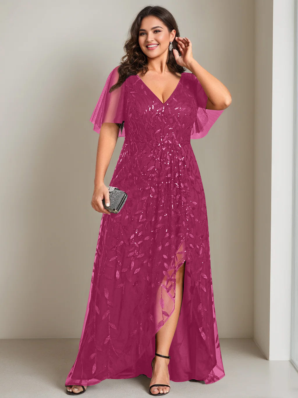 A-Line/Princess V-Neck Short Sleeves Asymmetrical Plus Size Mother Of The Bride Dresses with Sequins - 画像 (36)