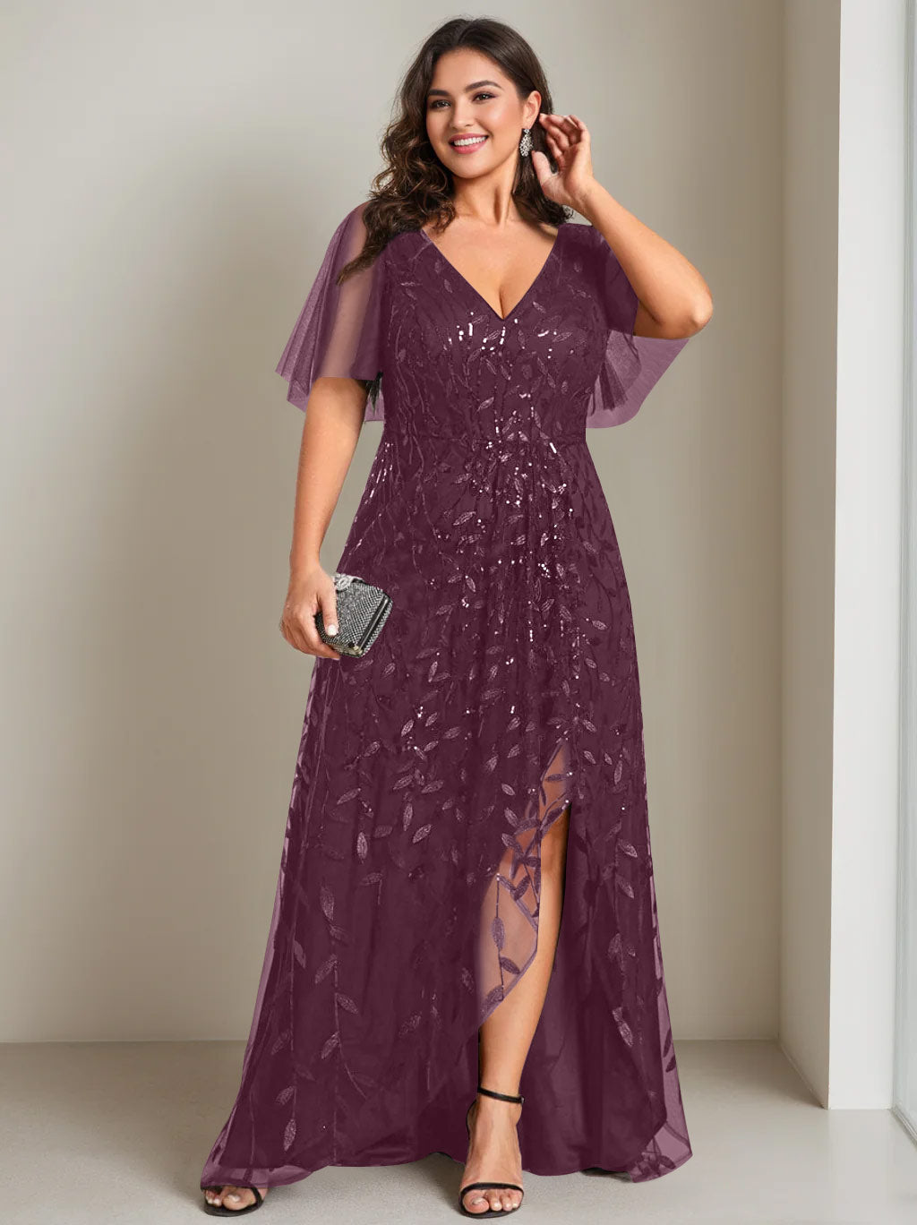A-Line/Princess V-Neck Short Sleeves Asymmetrical Plus Size Mother Of The Bride Dresses with Sequins - 画像 (39)