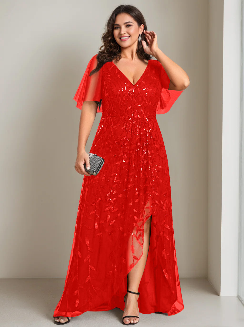 A-Line/Princess V-Neck Short Sleeves Asymmetrical Plus Size Mother Of The Bride Dresses with Sequins - 画像 (41)