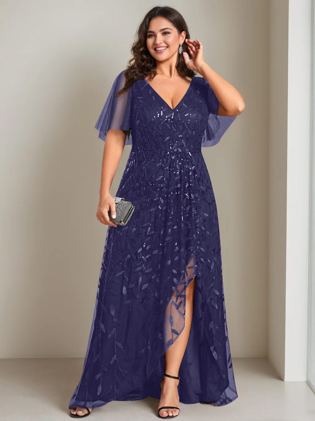 A-Line/Princess V-Neck Short Sleeves Asymmetrical Plus Size Mother Of The Bride Dresses with Sequins - 画像 (42)
