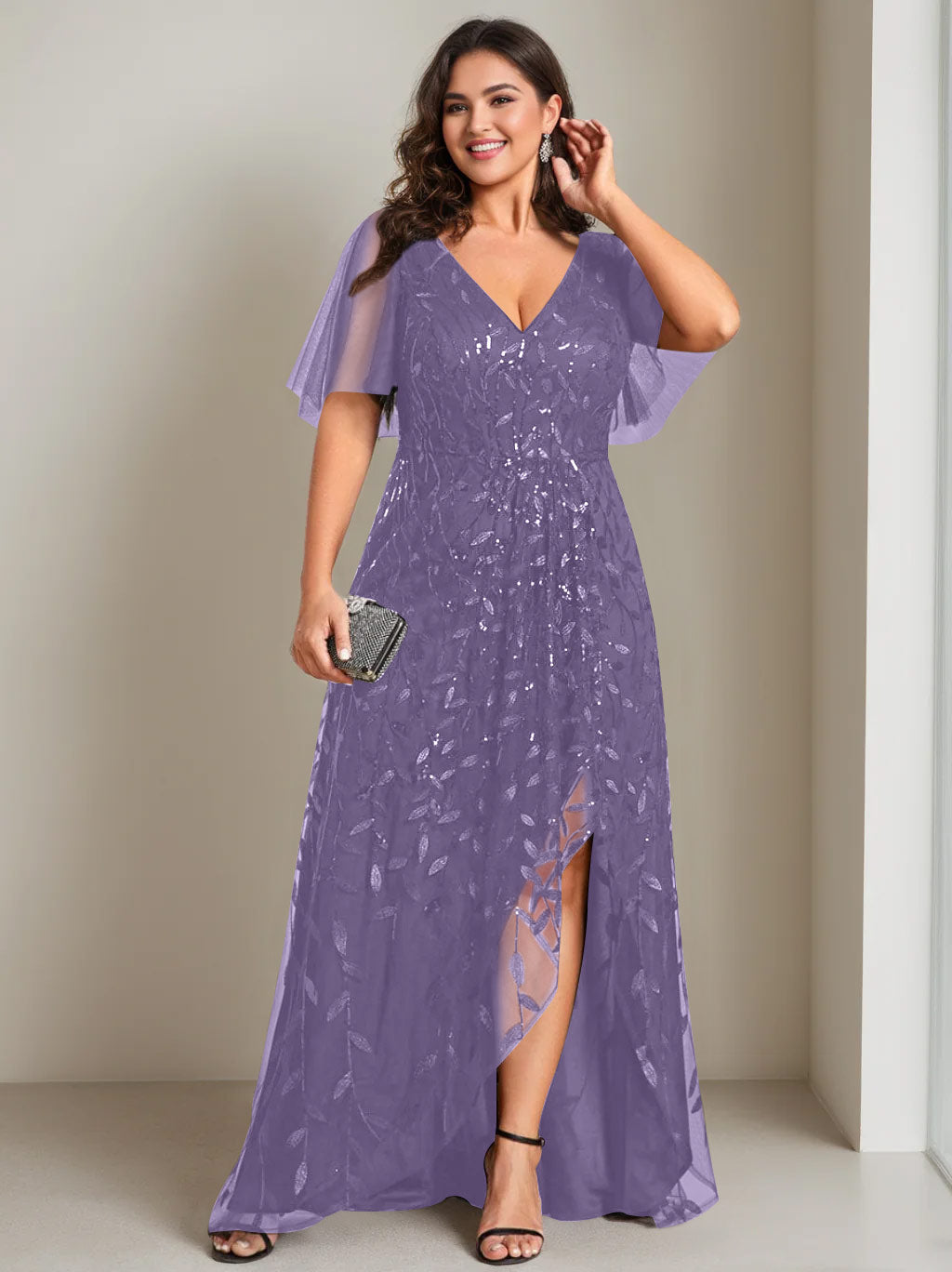 A-Line/Princess V-Neck Short Sleeves Asymmetrical Plus Size Mother Of The Bride Dresses with Sequins - 画像 (49)