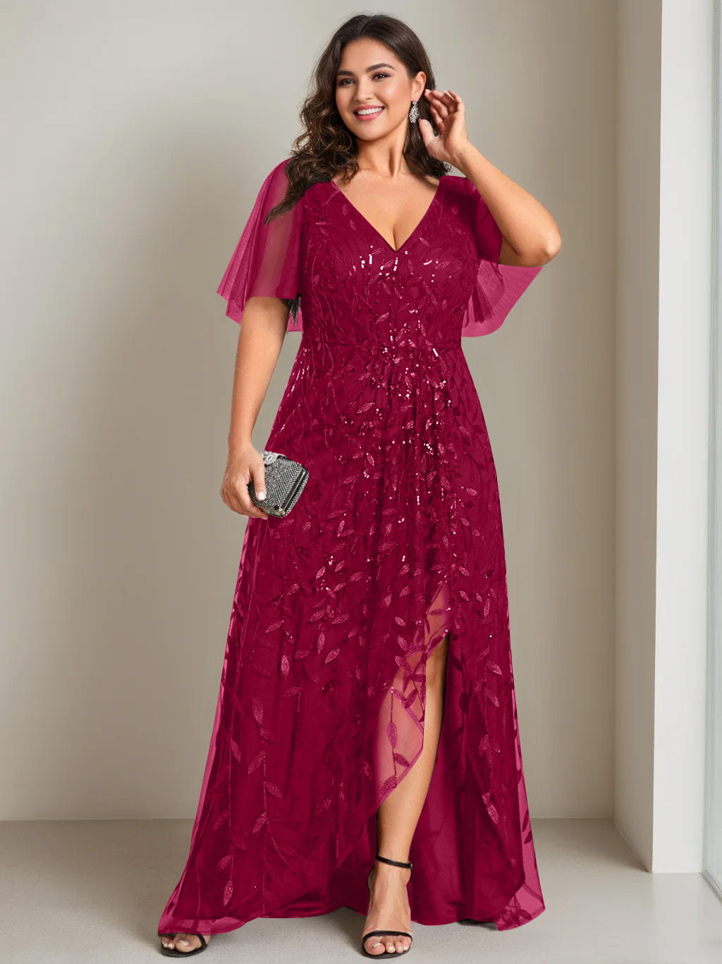 A-Line/Princess V-Neck Short Sleeves Asymmetrical Plus Size Mother Of The Bride Dresses with Sequins - 画像 (53)