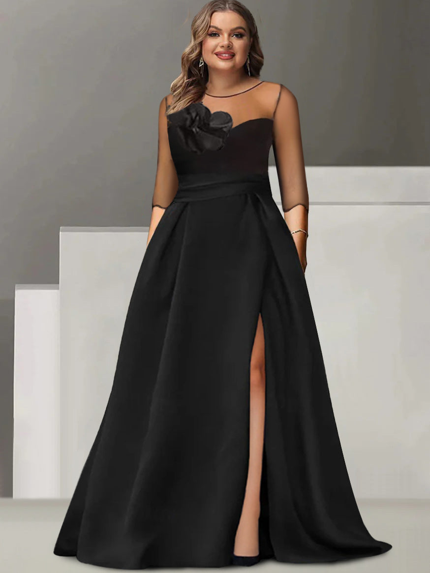 A-Line/Princess Sweetheart 3/4 Sleeves Plus Size Mother Of The Bride Dresses With Lace Flower & High Split