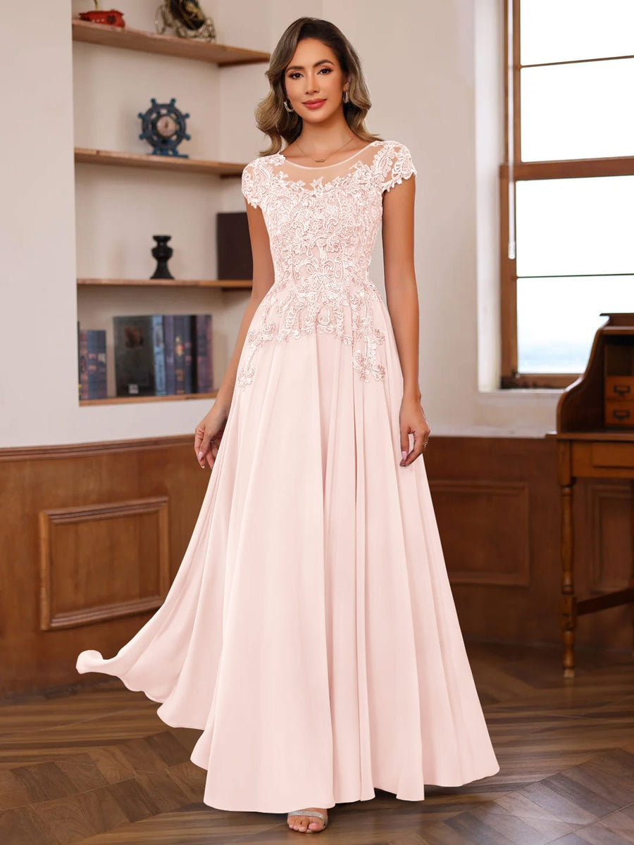 A-Line/Princess Scoop Neck Short Sleeves Floor-Length Mother of the Bride Dresses with Appliques - 이미지 43