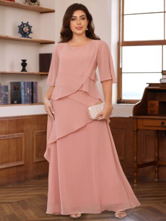 A-Line/Princess Scoop Neck Half Sleeves Floor-Length Mother of the Bride Dresses with Ruffles