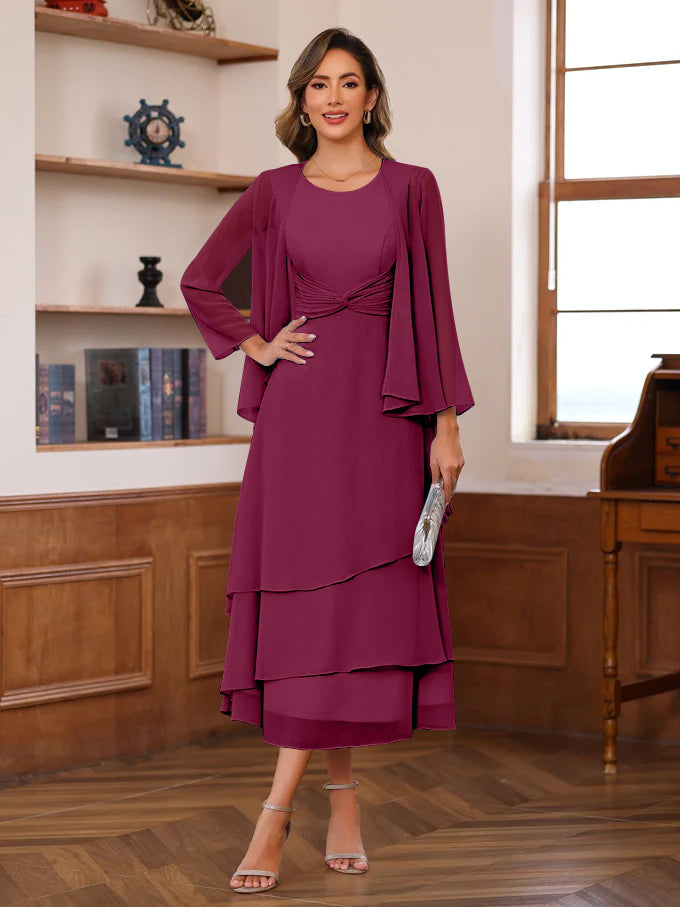 A-Line/Princess Scoop Neck 2 Pcs Tea-Length Mother of the Bride Dresses with Ruffles & jacket - Image 41