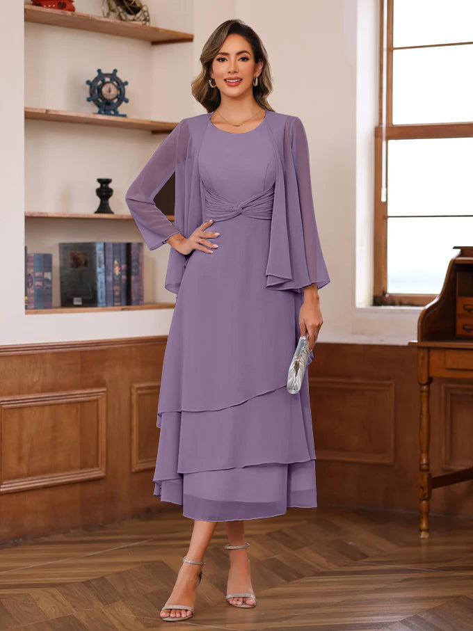 A-Line/Princess Scoop Neck 2 Pcs Tea-Length Mother of the Bride Dresses with Ruffles & jacket - Image 54