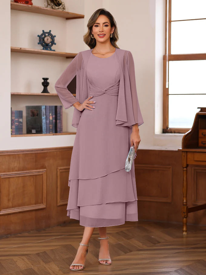 A-Line/Princess Scoop Neck 2 Pcs Tea-Length Mother of the Bride Dresses with Ruffles & jacket - Image 59