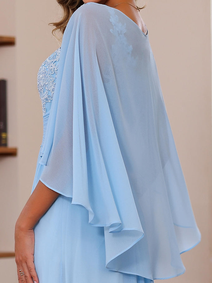 A-Line/Princess V-Neck 2 Pics Floor-Length Mother of the Bride Dresses with Appliques, Ruffles & Wrap - 画像 (8)