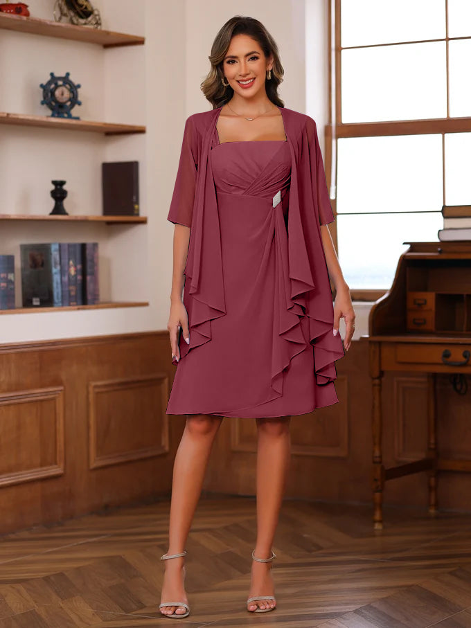 A-Line/Princess Square Neck Knee-Length Mother of the Bride Dresses With Ruffles & Jacket - Image 44