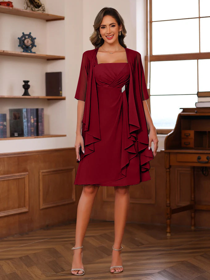A-Line/Princess Square Neck Knee-Length Mother of the Bride Dresses With Ruffles & Jacket - Image 65
