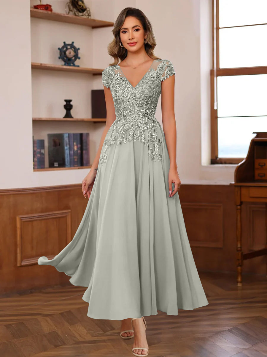 A-Line V-Neck Short Sleeves Ankle-Length Mother of the Bride Dresses with Lace Appliques - Image 3