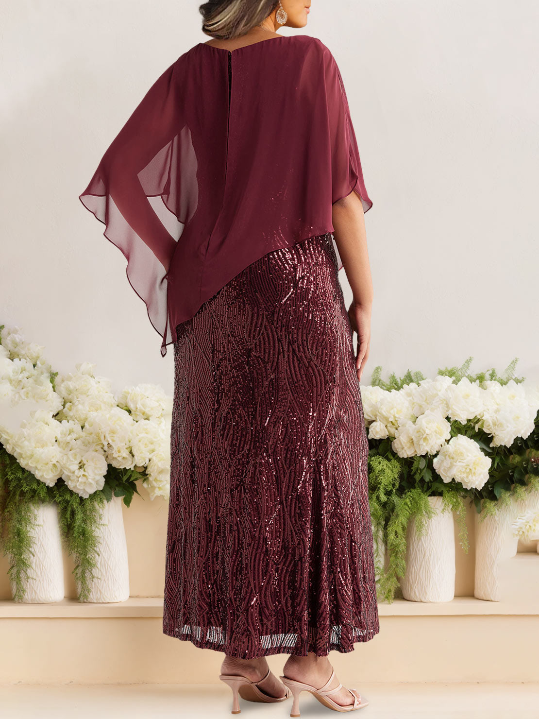 A-Line/Princess Scoop Half Sleeves Ankle-Length Sequined Plus Size Mother of e Bride Dresses with Wrap - 画像 (2)