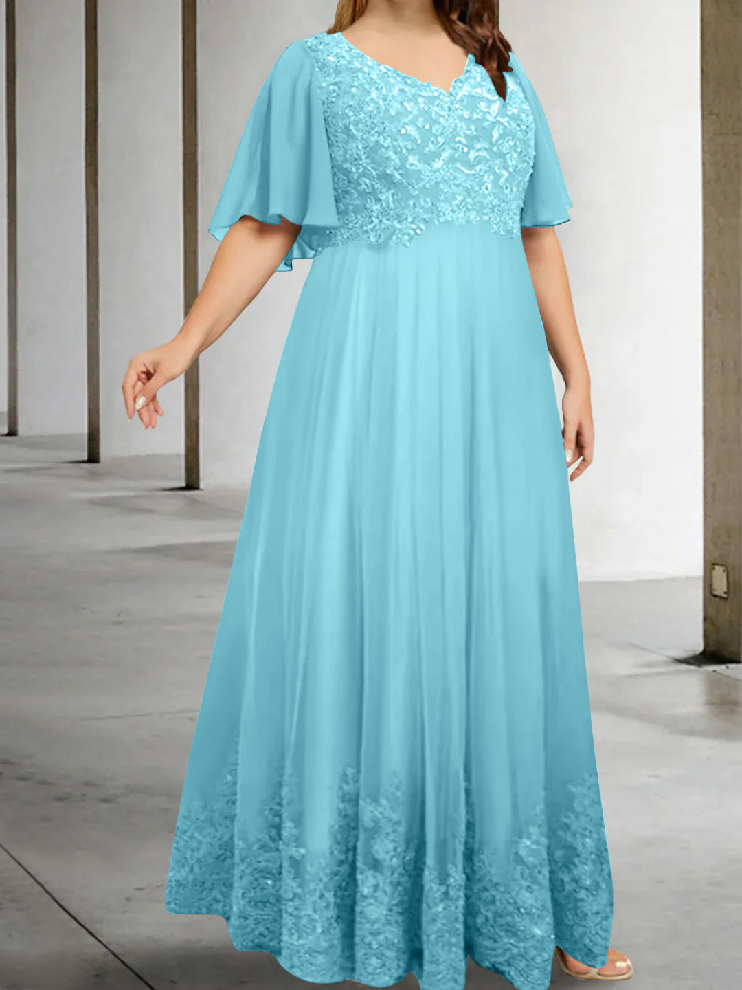 A-Line/Princess V-Neck Half Sleeves Floor-Length Plus Size Mother of the Bride Dresses with Appliques - 이미지 4