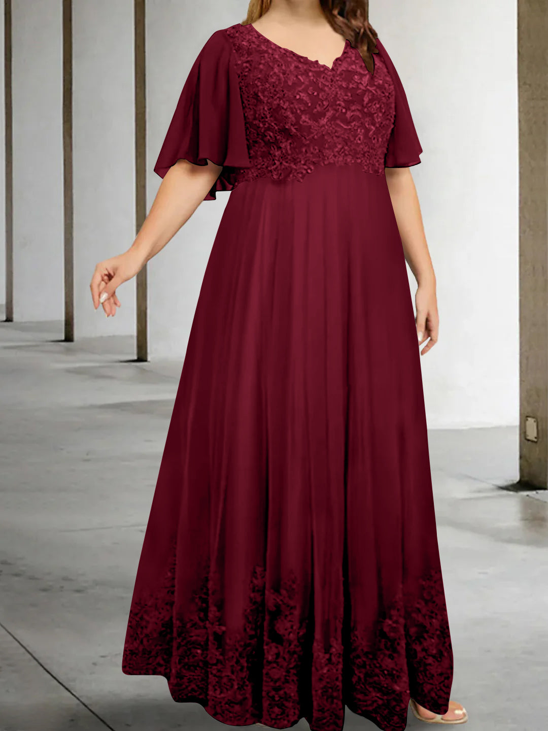 A-Line/Princess V-Neck Half Sleeves Floor-Length Plus Size Mother of the Bride Dresses with Appliques - 이미지 5