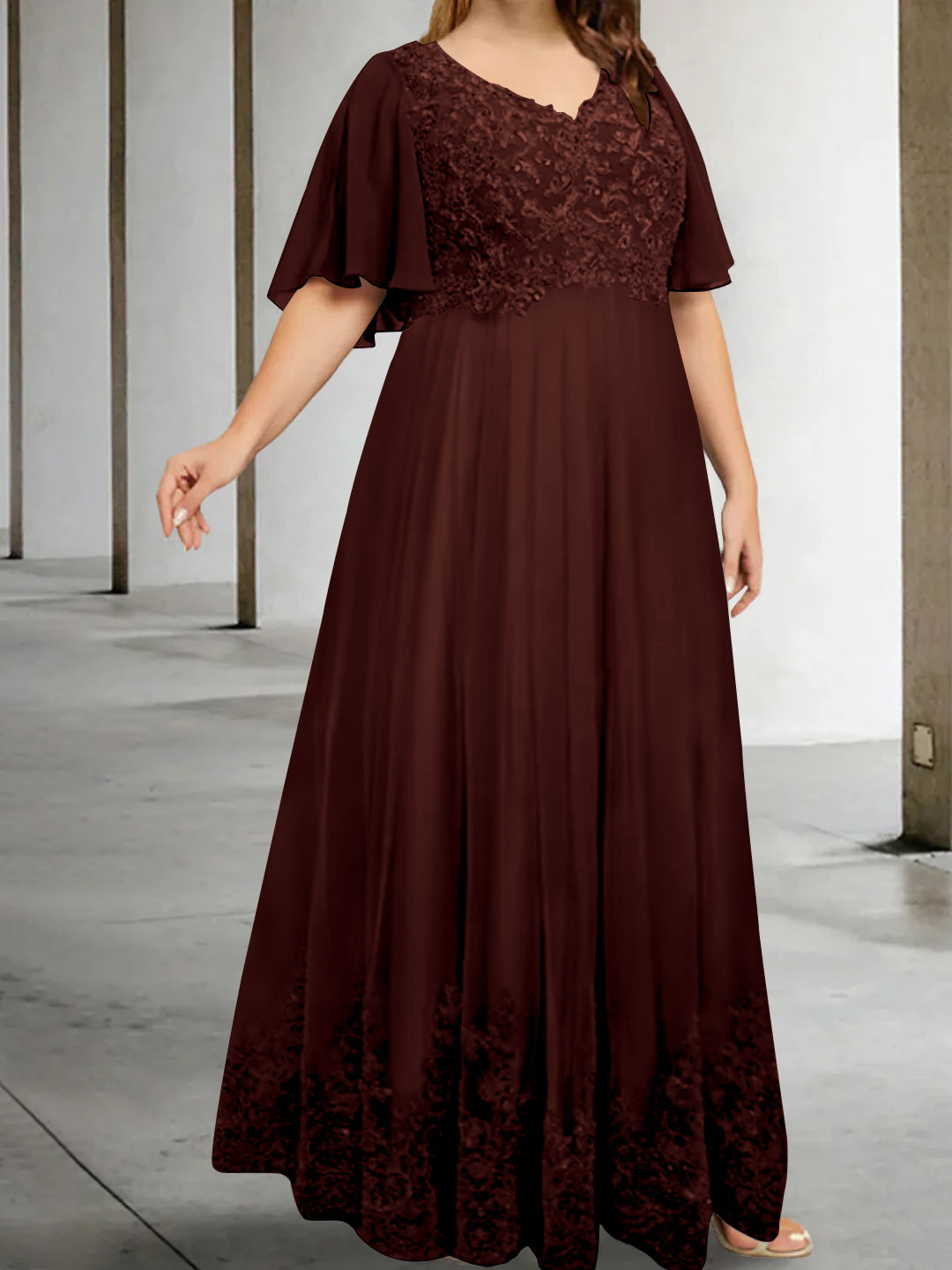 A-Line/Princess V-Neck Half Sleeves Floor-Length Plus Size Mother of the Bride Dresses with Appliques - 이미지 6