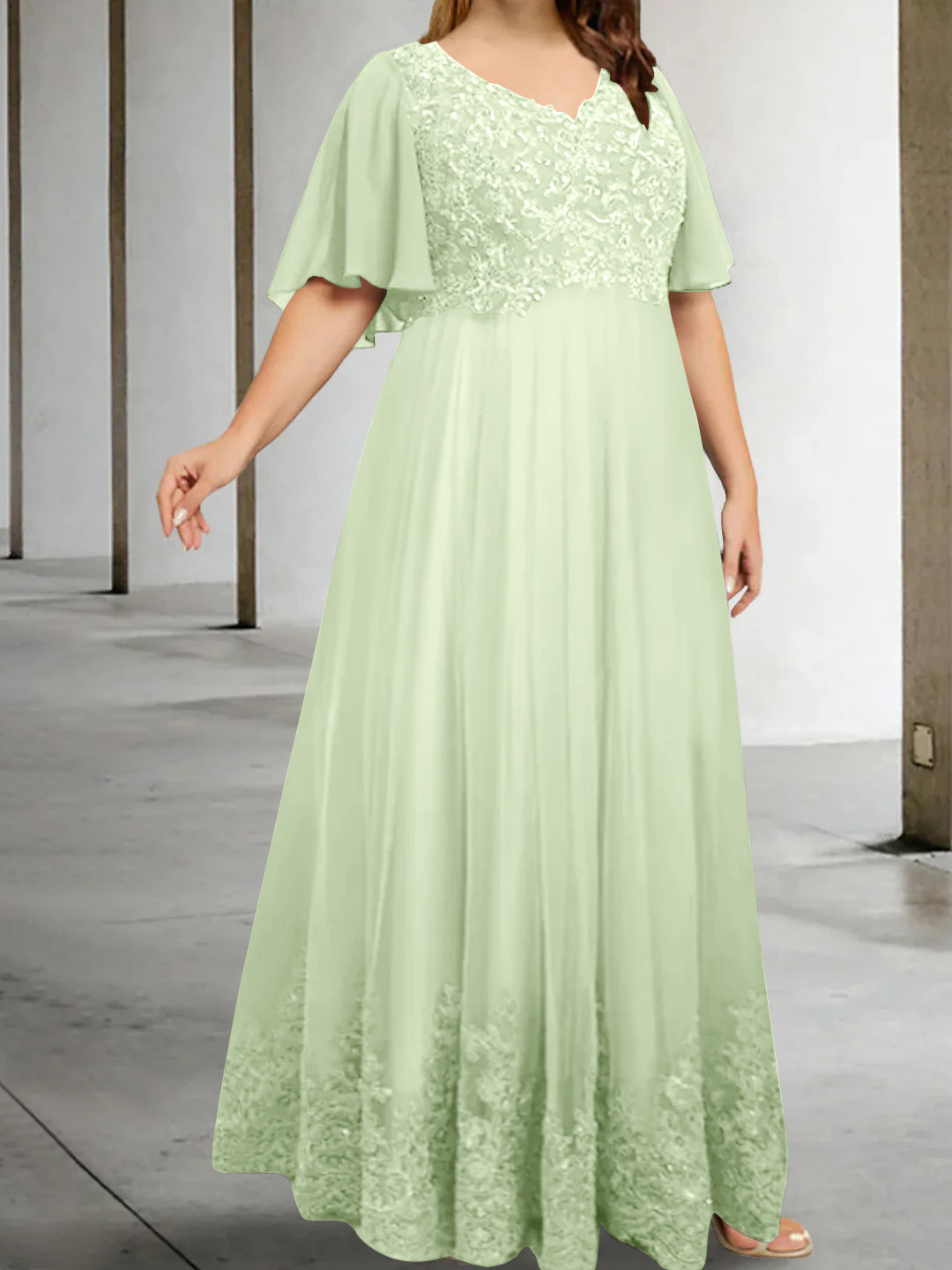 A-Line/Princess V-Neck Half Sleeves Floor-Length Plus Size Mother of the Bride Dresses with Appliques - 이미지 8