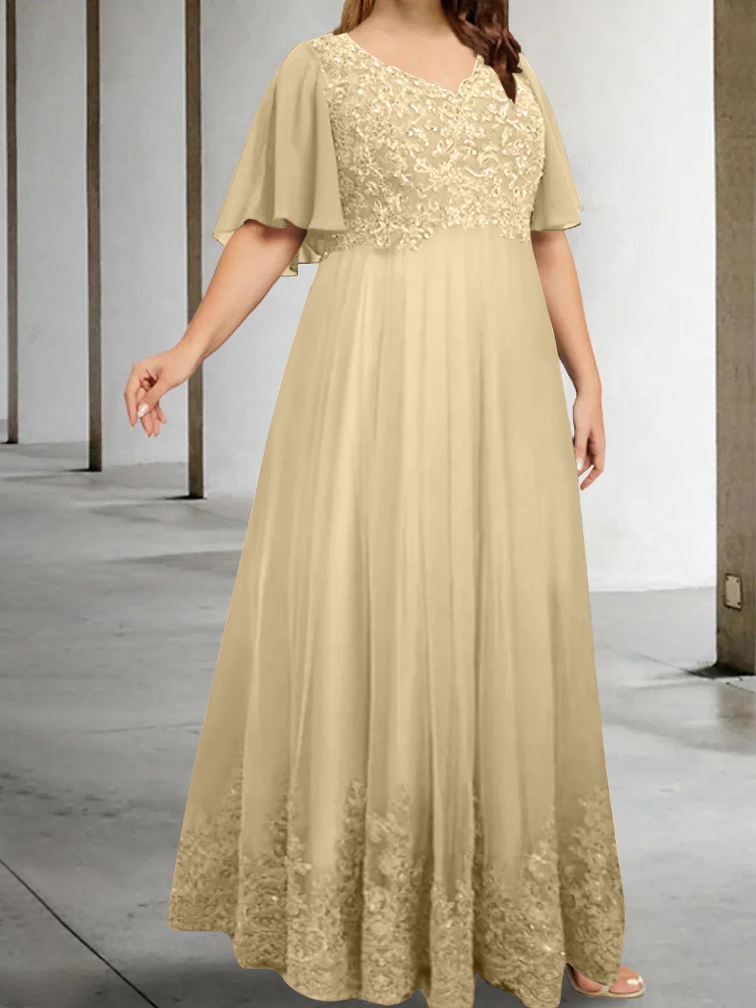 A-Line/Princess V-Neck Half Sleeves Floor-Length Plus Size Mother of the Bride Dresses with Appliques - 이미지 9