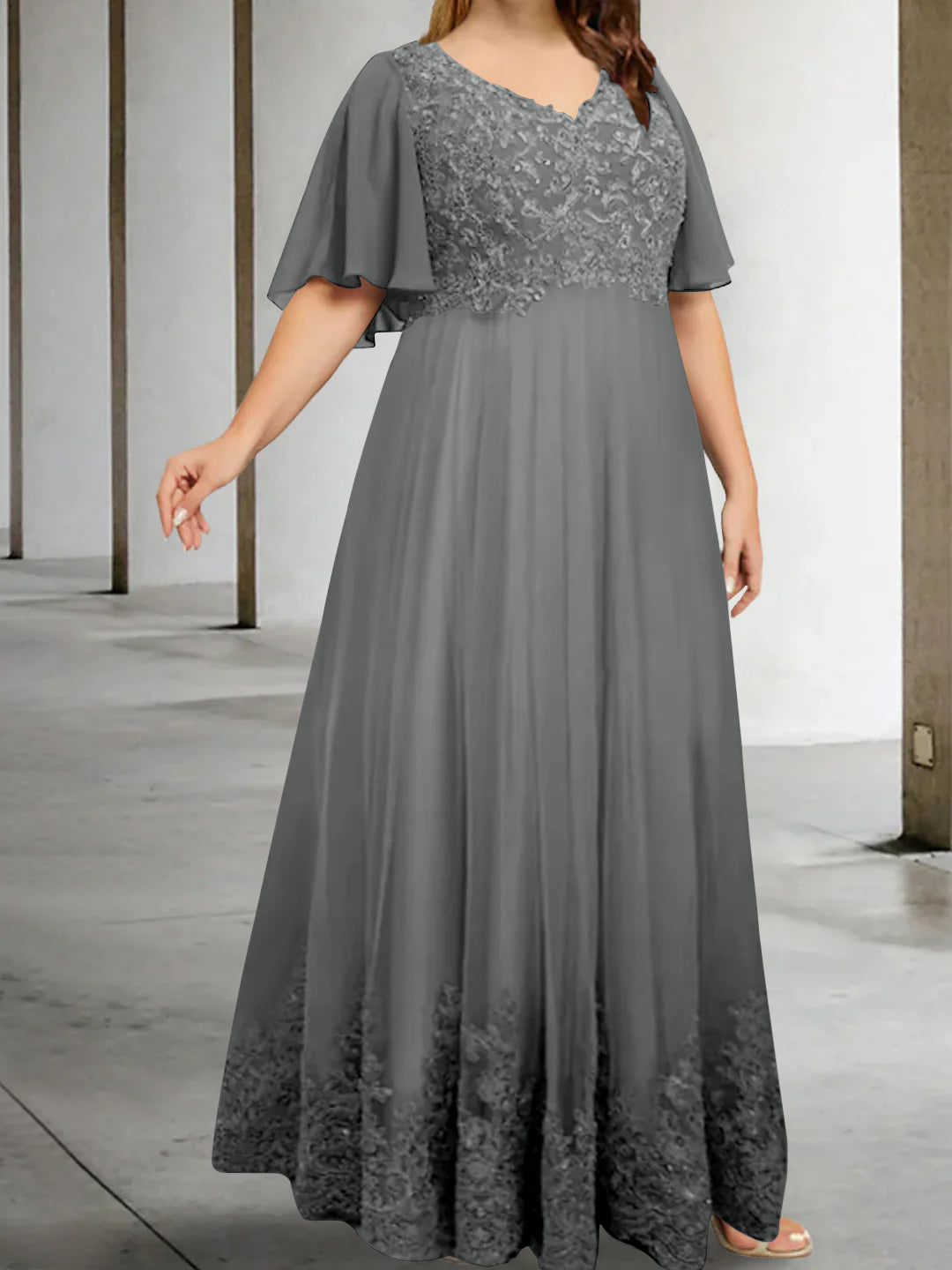 A-Line/Princess V-Neck Half Sleeves Floor-Length Plus Size Mother of the Bride Dresses with Appliques - 이미지 10