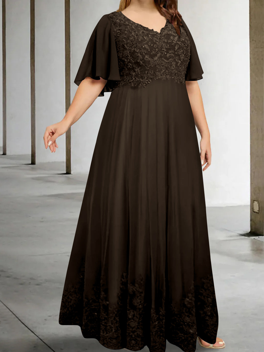 A-Line/Princess V-Neck Half Sleeves Floor-Length Plus Size Mother of the Bride Dresses with Appliques - 이미지 11