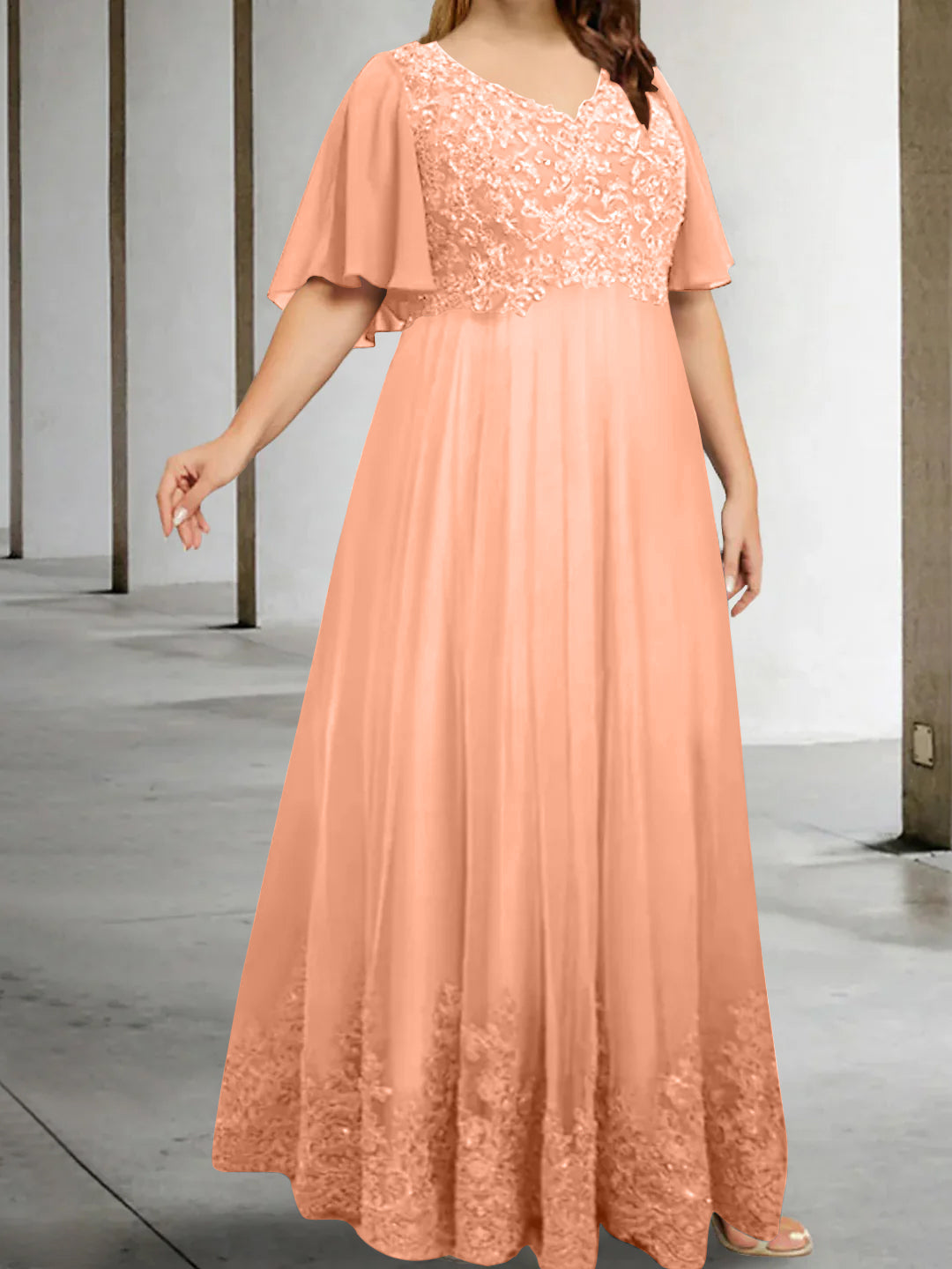A-Line/Princess V-Neck Half Sleeves Floor-Length Plus Size Mother of the Bride Dresses with Appliques - 이미지 12